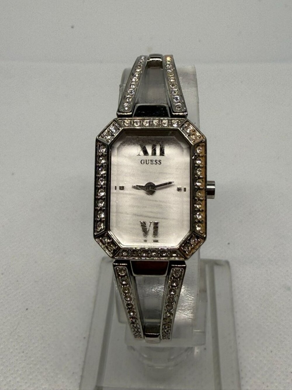 Guess Women's Silver-Tone Crystal Accented Rectangular Bracelet Watch